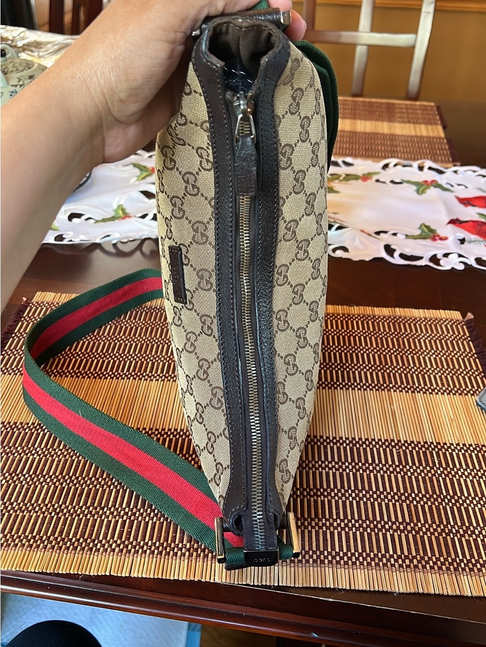 Gucci Beige Brown Monogram Crossbody with Green & Red Web Strap - Picture 11 of 16